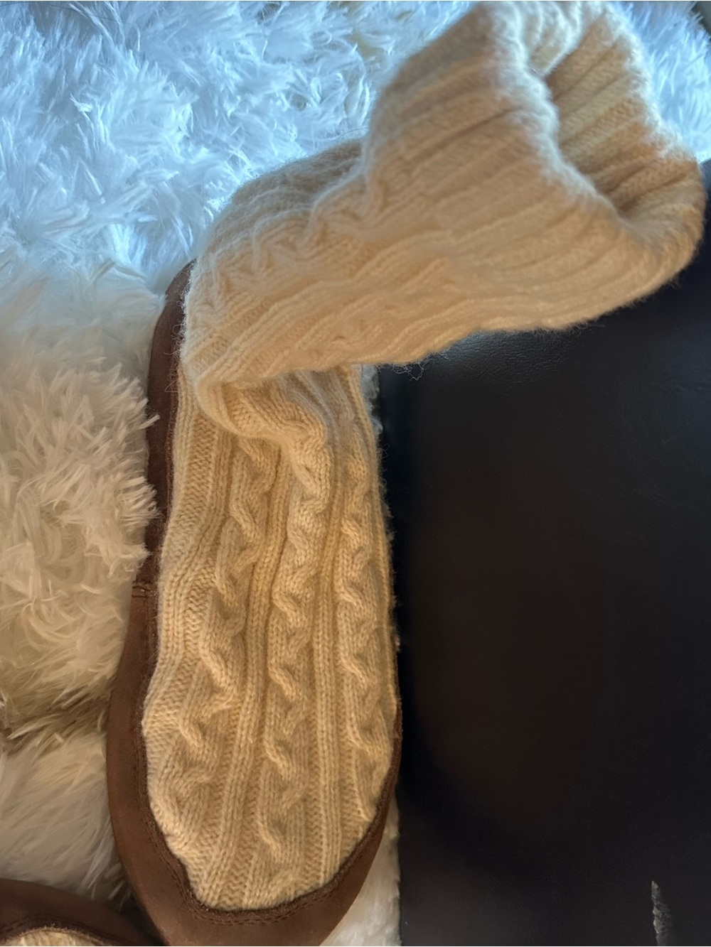 L.L. Bean Cream Cable-Knit Women’s Slipper Socks with Brown Suede Sole - Picture 5 of 6
